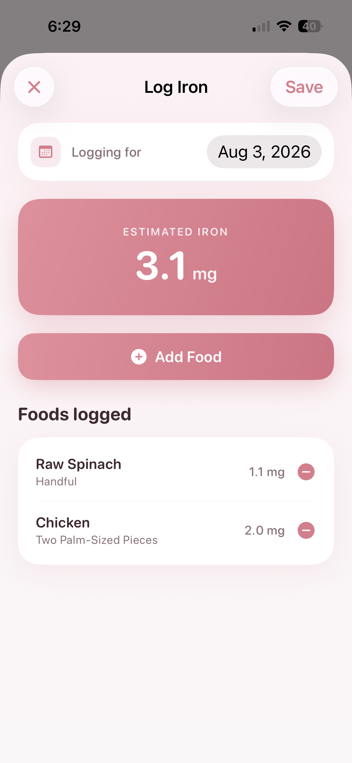 Ironly Log Iron screen showing estimated iron and foods logged