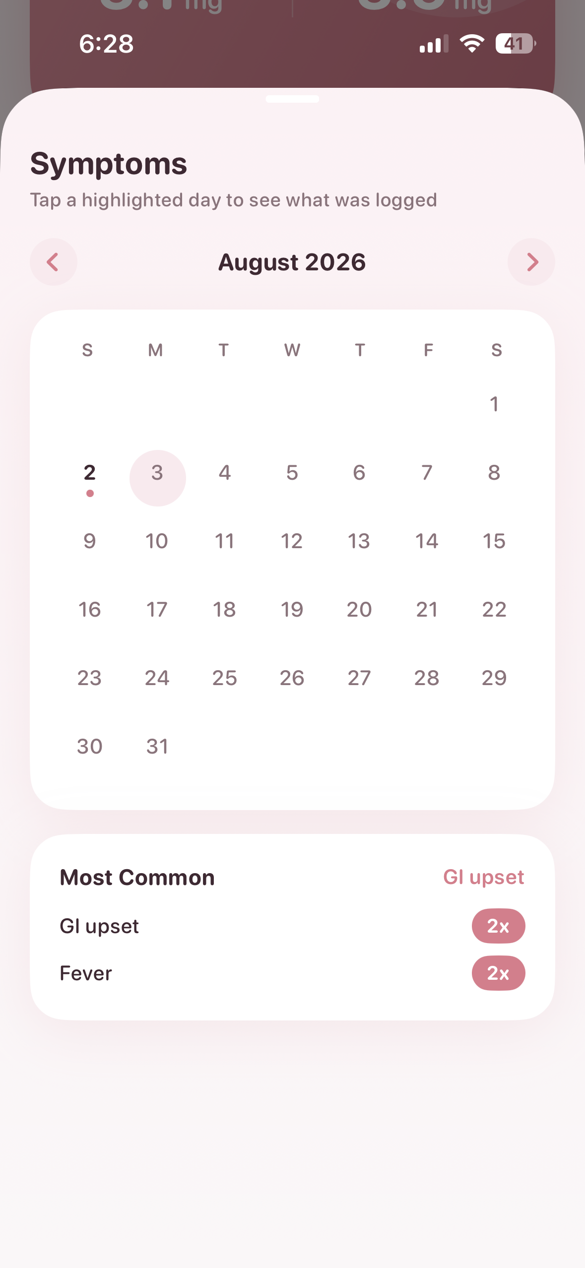 Ironly symptom calendar showing logged symptom days
